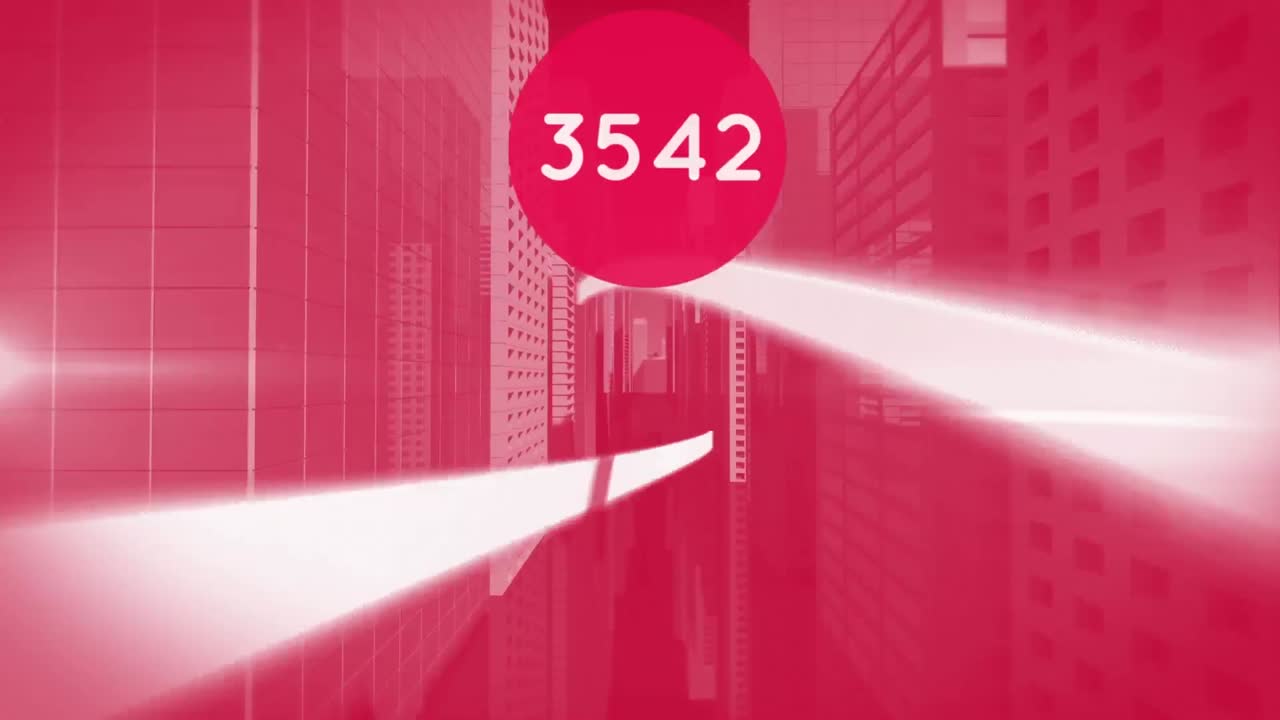 빨간색 배경에 대한 3d 도시 모델 위의 빛 트레일 위의 빨간색 둥근 배너에 대한 숫자가 증가하고 있습니다.