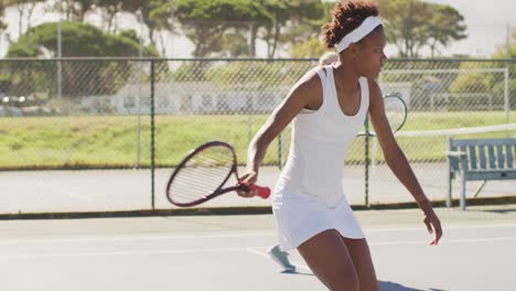 Video-Von-Glücklichen,-Vielfältigen-Tennisspielerinnen,-Die-Auf-Dem-Platz-Trainieren