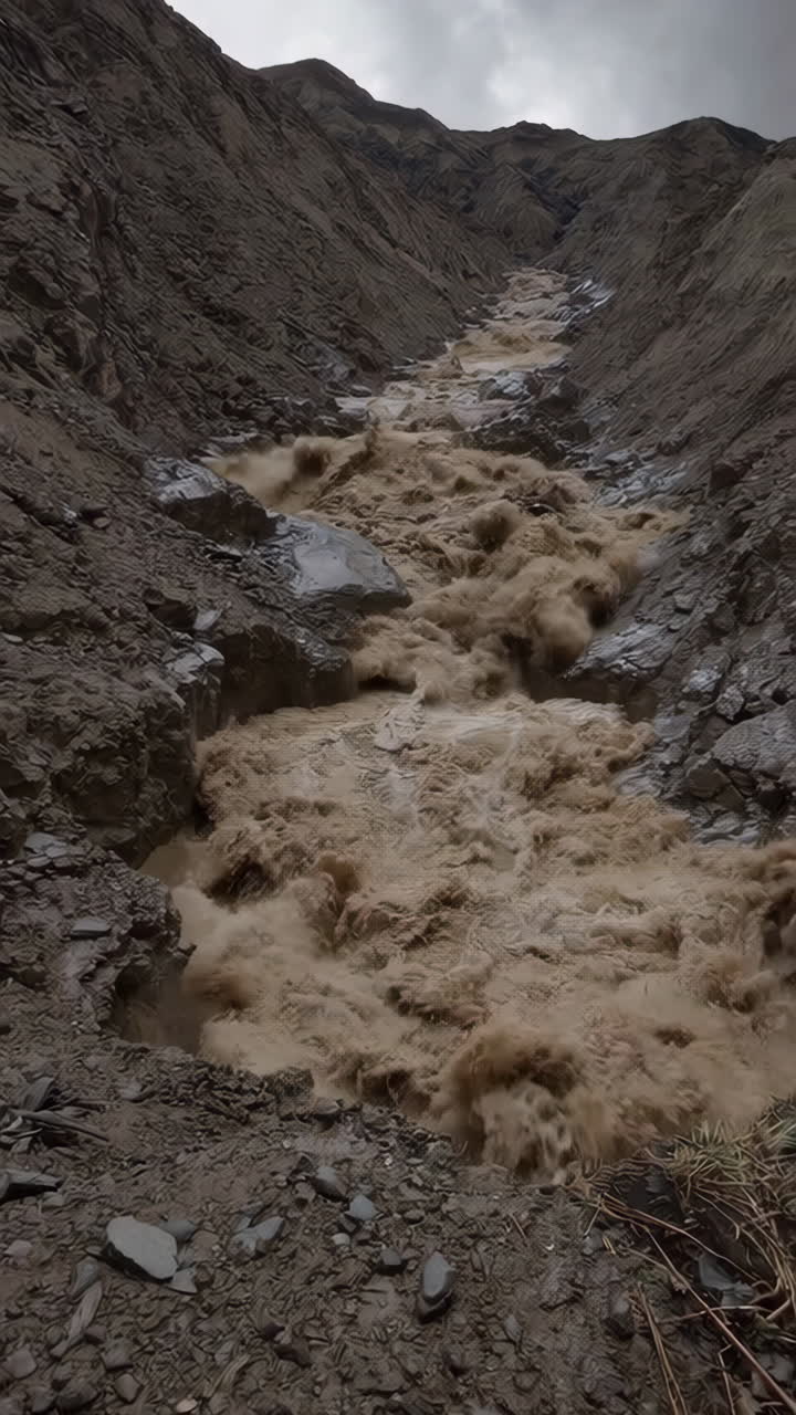Turbulent Flash Flood Rushing Through a Rocky Canyon