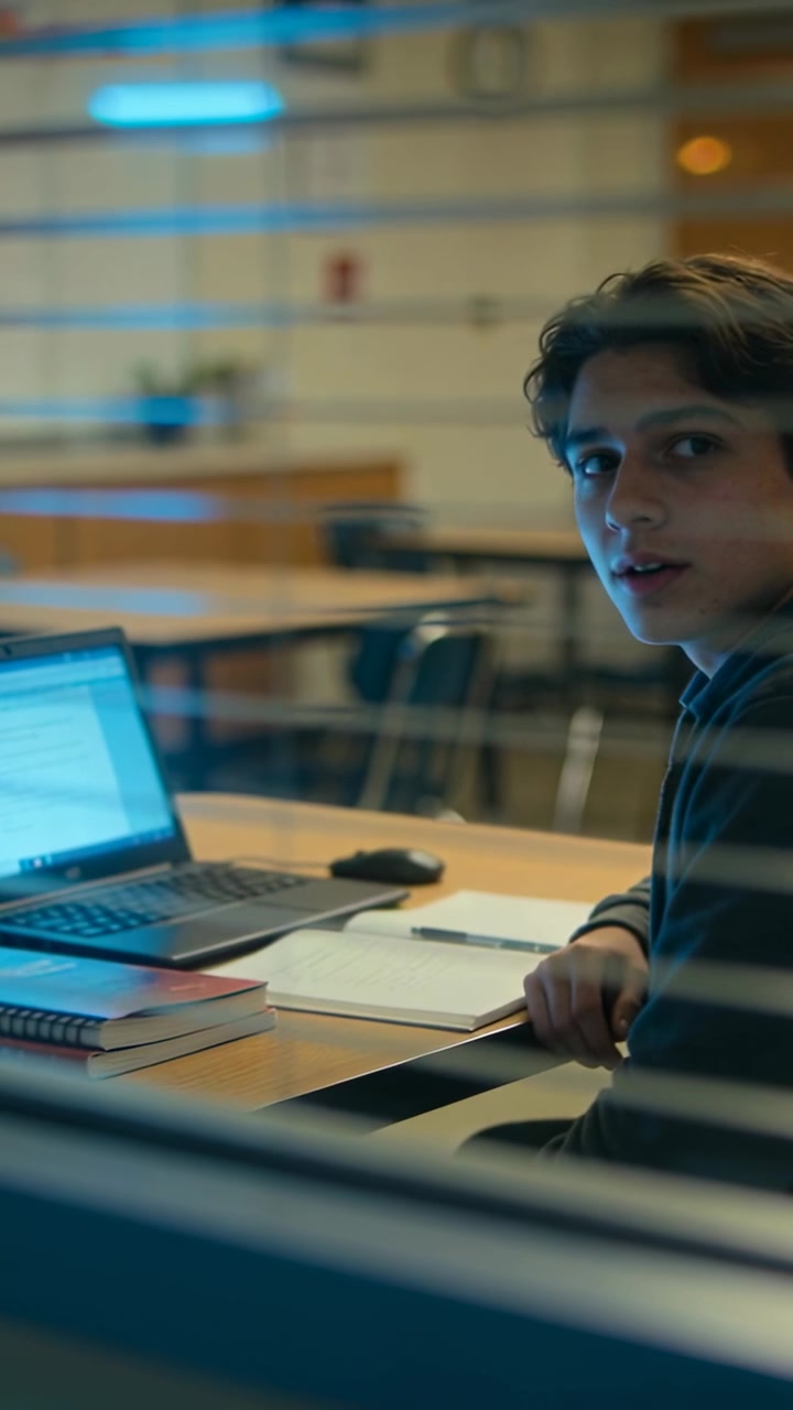 Vertical video: Turning male in dark sweater toward offscreen sound at desk with laptop, copy space