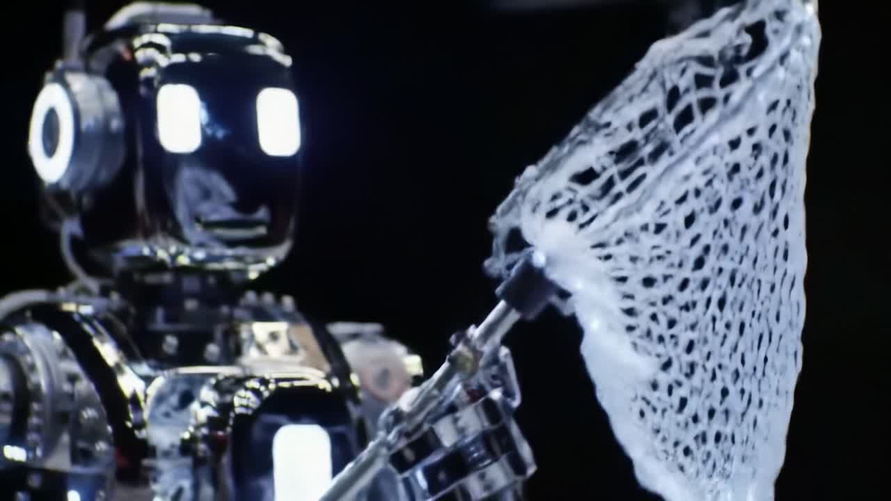Advanced Robotic Figure Demonstrating Innovative Design with a Catching Net, Showcasing Features such as Light Sensors and Interactive Technology in a Futuristic Context