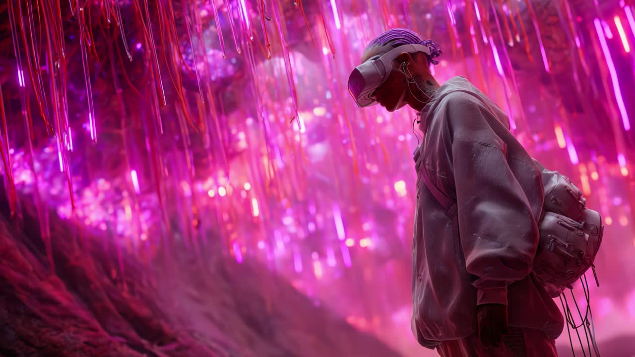 A Person Engaged in Virtual Reality Exploration Amidst a Stunning Neon-Illuminated Environment, Surrounded by Vibrant Pink and Purple Light Strands That Create a Dreamlike Atmosphere