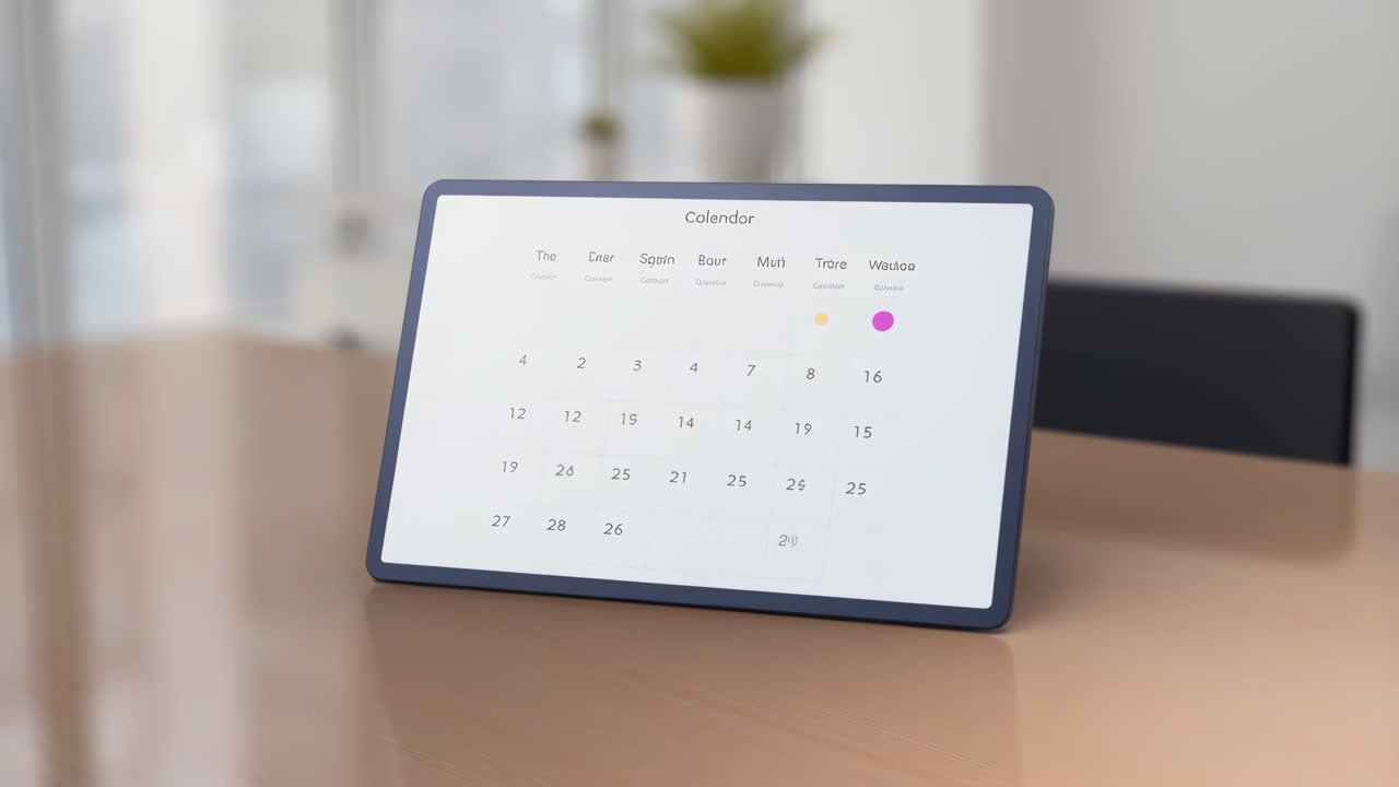 A digital calendar displayed on a tablet on a wooden table