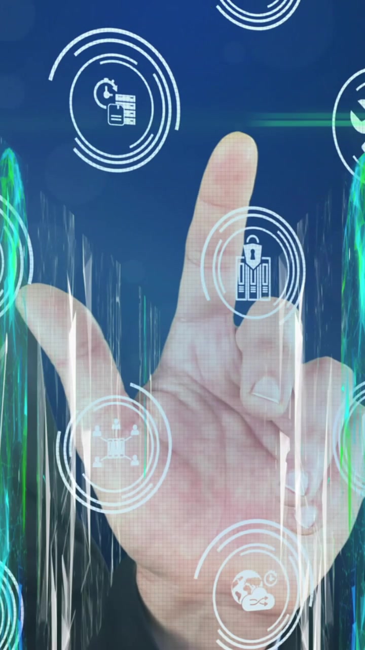 Animation of hand using touchscreen with business and data sharing icons over communication networks