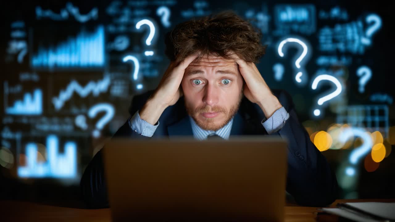 A Frustrated Businessman Stares at His Laptop, Overwhelmed by Confusion and Uncertainty in a Complex Data-Driven Environment with Question Marks Surrounding Him