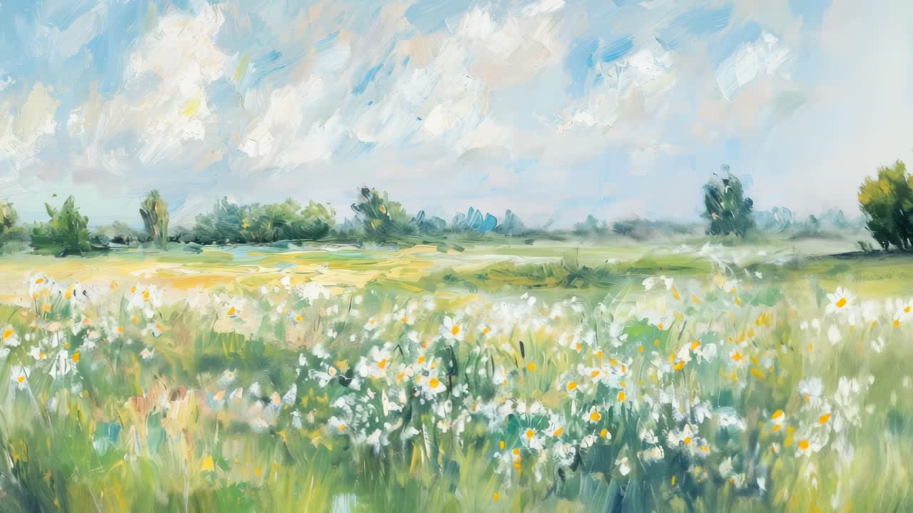 Impressionist landscape painting of a meadow with wildflowers under a cloudy sky