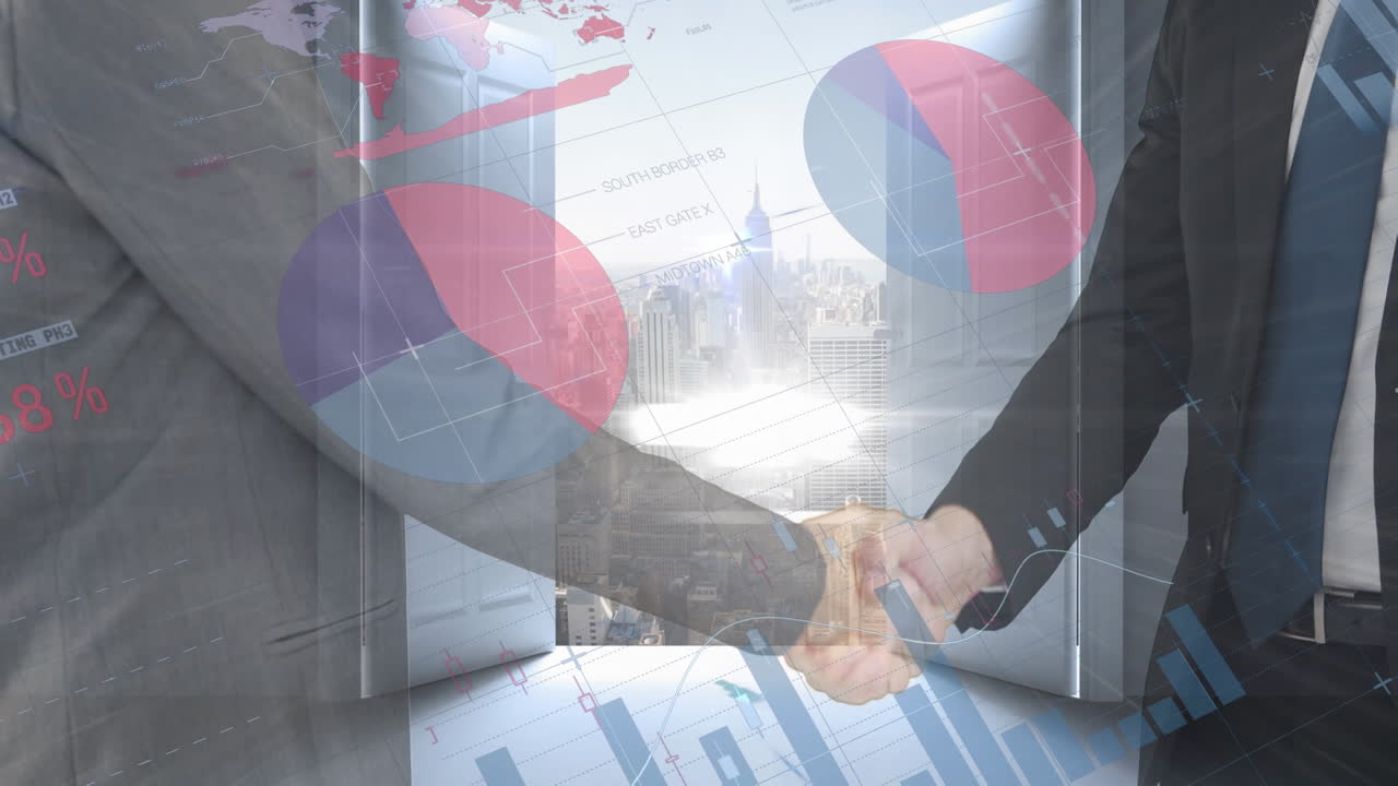 다양한 사업가들이 손을 흔들고 도시 풍경에 대한 금융 데이터와 그래프의 애니메이션