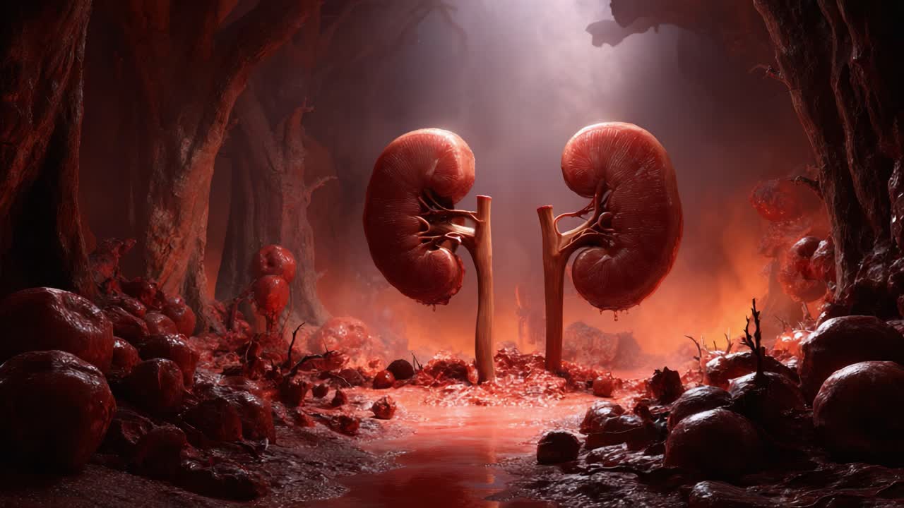 A Surreal Exploration of Anatomy: The Mysterious Journey Through a Blood-Red Landscape with Distinct, Illuminated Kidneys as the Central Focus in an Enigmatic Setting