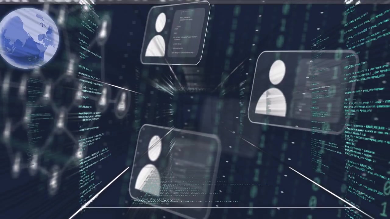 Teal code starting nodes multiplying into network in tunnel, cards moving forward showing activity