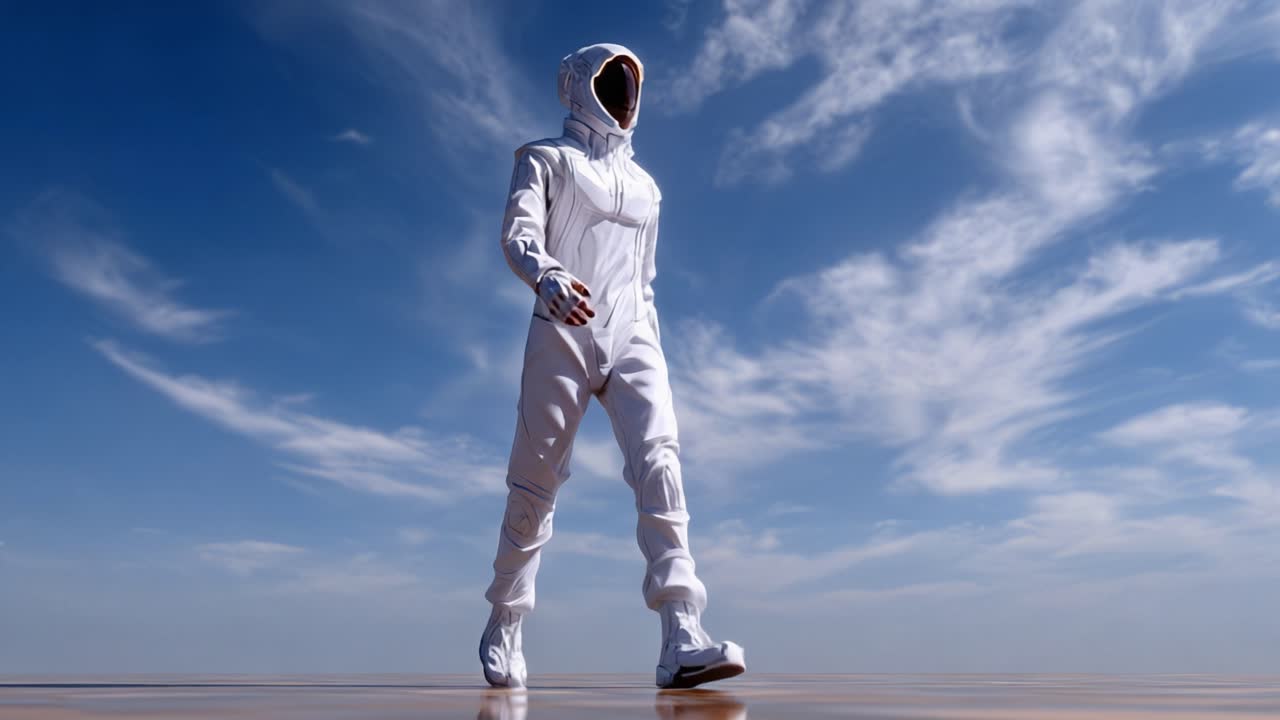 Una figura solitaria in una tuta spaziale bianca cammina con sicurezza contro uno sfondo di vasti cieli blu e nuvole sognanti, incarnando esplorazione e scoperta.
