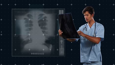 animation of caucasian male doctor with x ray photo and x ray photo on black background