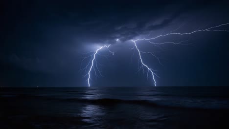 a stunning display of nature's power: vibrant lightning strikes dramatically illuminate the night sky over the dark ocean waves