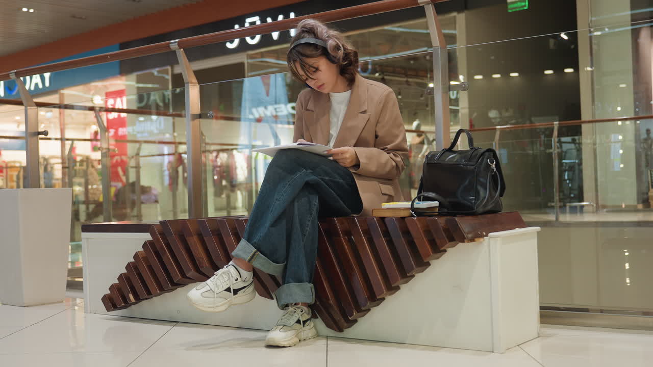 Mujer con una bolsa revisando notas, mujer caucásica absorta en la planificación en una zona tranquila de un centro comercial, mujer sentada en un banco del parque revisando diligentemente horarios y tomando notas detalladas