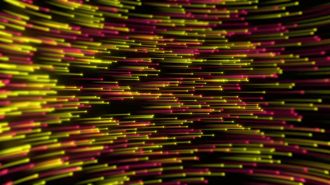 Dynamisk flyt av glødende gule og magenta digitale linjer.
