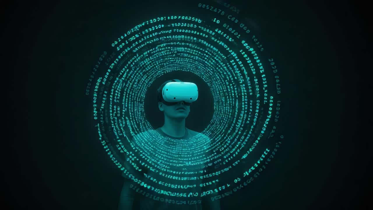 Exploring Virtual Realities: A Person Engaged in Immersive Experience with a VR Headset Surrounded by a Dynamic Visual Representation of Digital Data