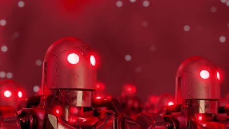crowd of robots with red eyes walking under night sky. robots have turned against humans