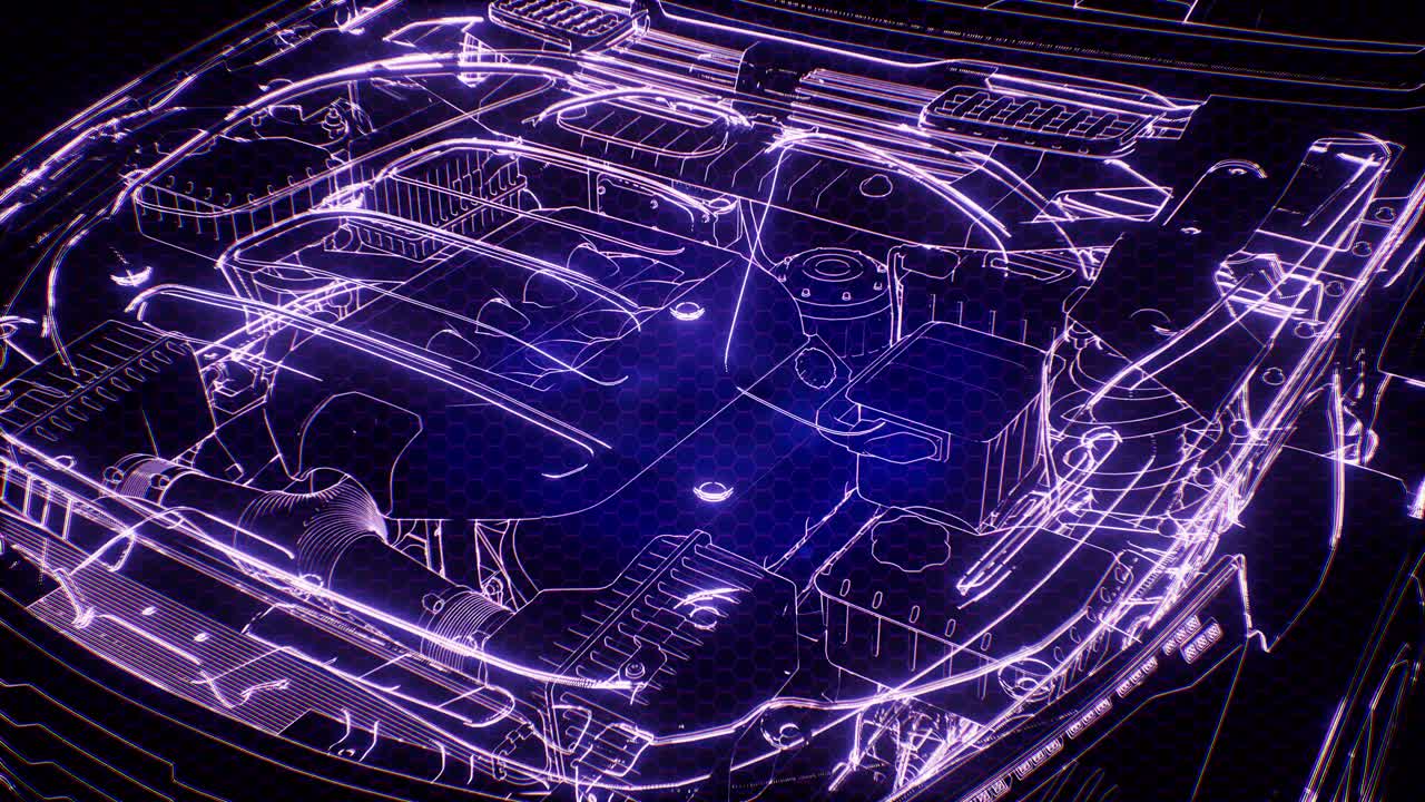 Holographic animation of 3D wireframe car model with engine