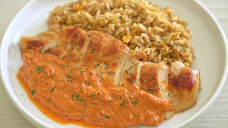 grilled-chicken-steak-with-red-curry-sauce-and-rice---muslim-food-style