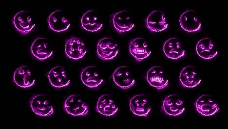efectos de brillo dinámico conjunto de 24 caras de emoticones. signos emocionales de neón. en bucle
