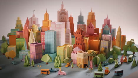 colorful papercraft miniature city with buildings and vehicles