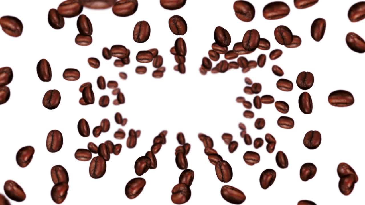 Molti chicchi di caffè che volano su sfondo bianco. Bevanda alla caffeina, Colazione, Aroma. Animazione 3D di chicchi di caffè tostati che ruotano. Animazione in loop