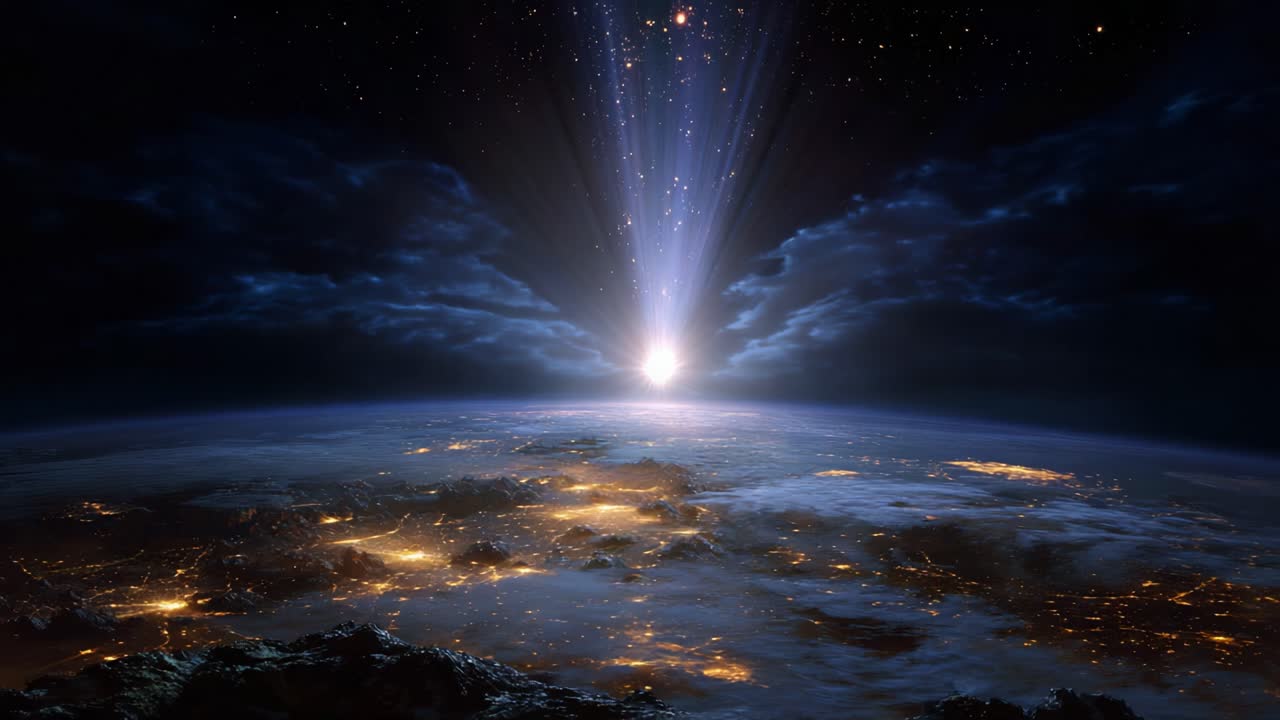 A Stunning View of Earth from Space with Bright Celestial Light Radiating Through Clouds and Starry Skies, Highlighting Nighttime Illumination of the Planet