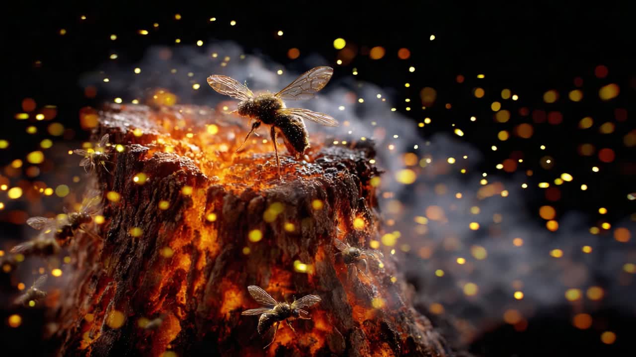 A Mesmerizing Close-Up of Honey Bees Gathering Around a Fiery Log, Surrounded by Sparks and Smoke, Capturing Nature's Intricate Dance in a Stunning Display