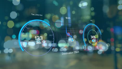 animation of electric car speedometer data processing over city