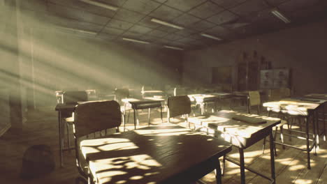 Light streaming through an empty classroom creates an enchanting atmosphere