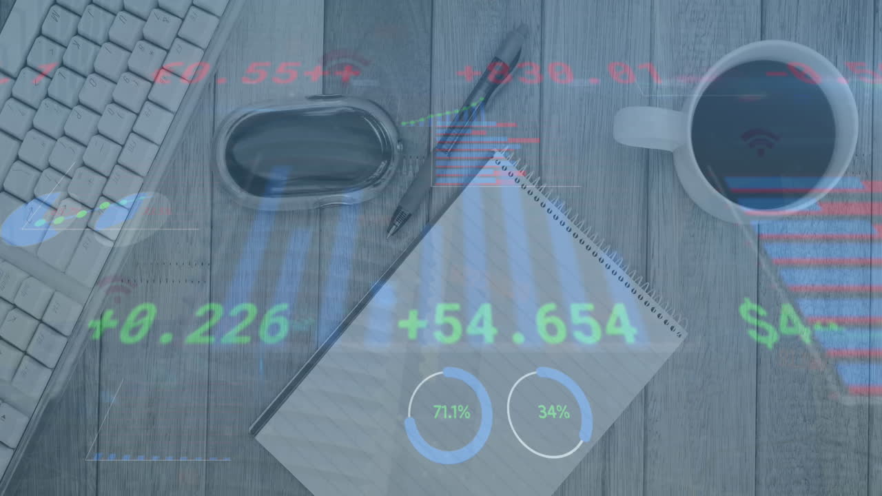 Animation of stock market data processing over close up of office equipment on wooden surface