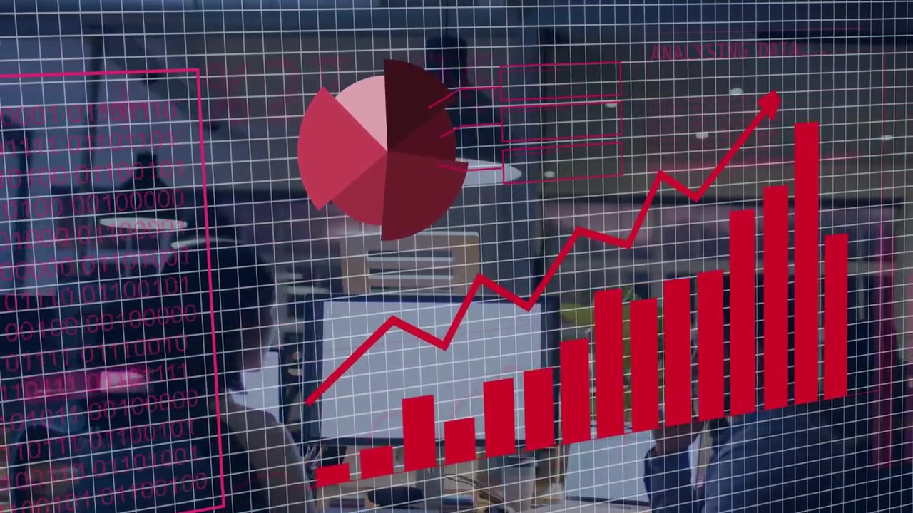 Business team working through faint grid globe and rings forming monitor highlighting charts rising