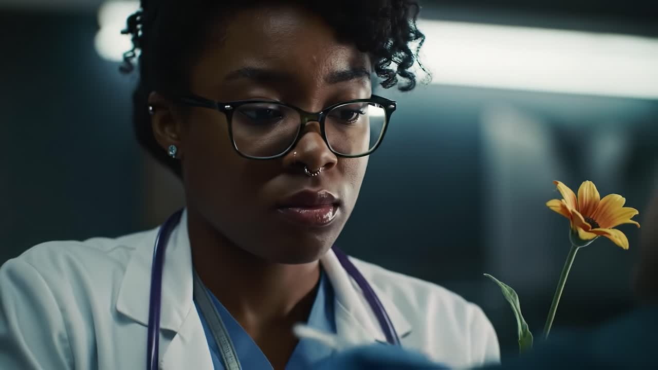 A Dedicated Medical Professional Examines a Flower with Care, Conveying Compassion and Expertise in a Thoughtful Healthcare Environment
