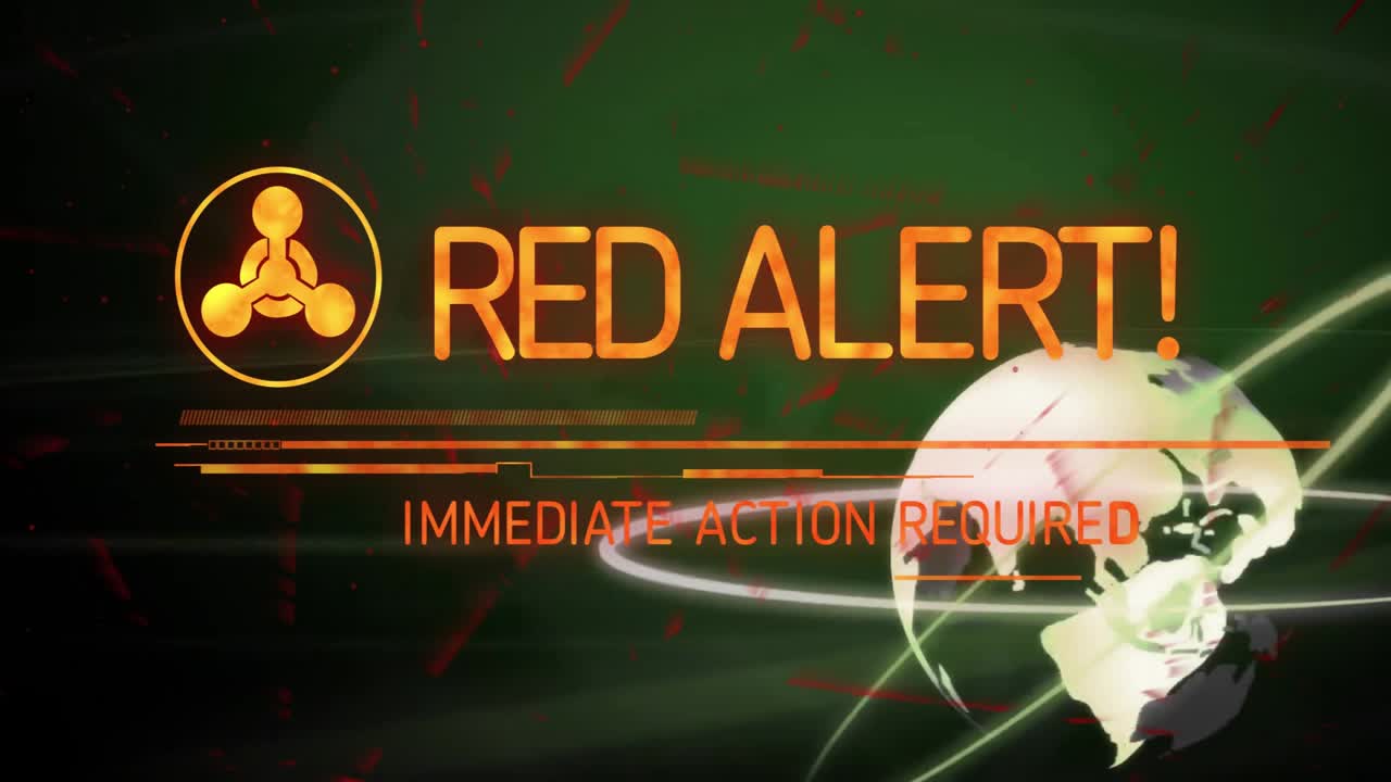 Warning graphic flashing across digital interface showing tri-node emblem, bars, rotating globe