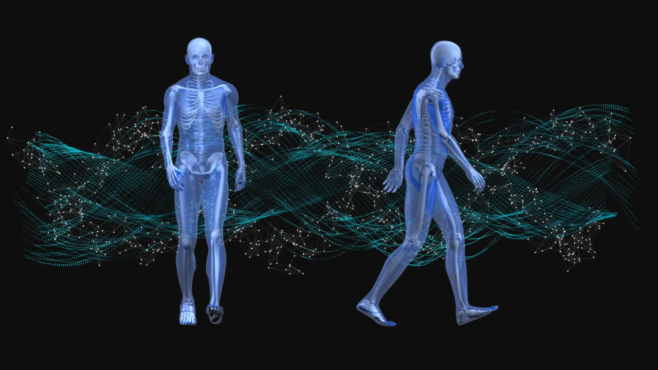 prototipos humanos caminando con ondas de sonido en el fondo