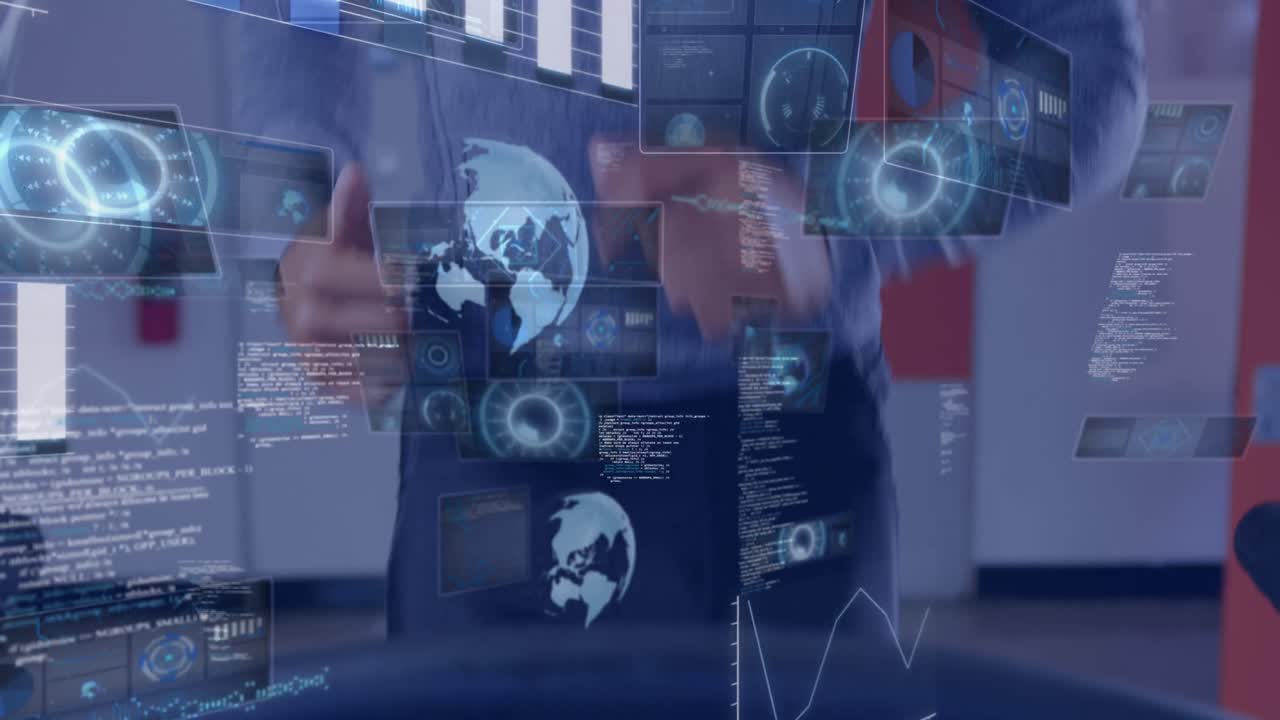 트레드밀에서 달리는 사람, 체육관에서 운동하는 사람에 대한 데이터 처리 애니메이션