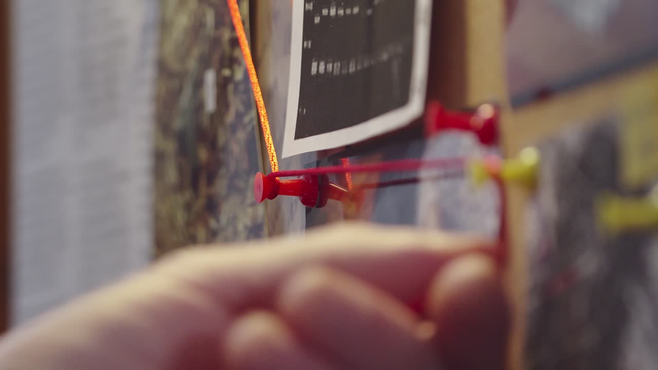 The detective's hand connects the crucial evidence on the investigation board with a red string