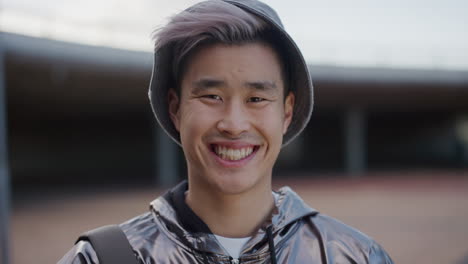 close up portrait happy young asian man student smiling enjoying relaxed urban lifestyle wearing stylish silver jacket real people series