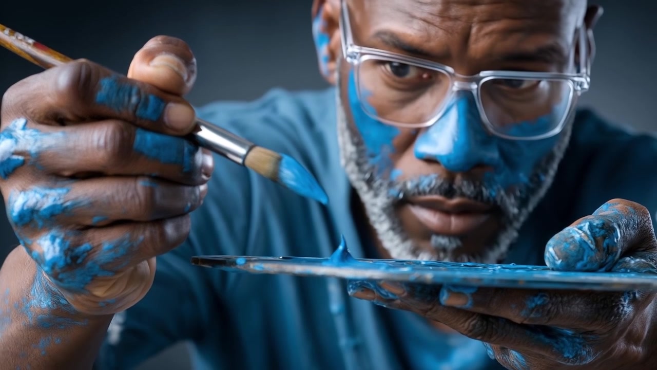 Close up of a male artist with blue paint on his face and hands painting