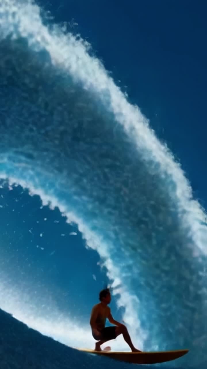 Surfista che cavalca un'onda oceanica maestosa sotto un cielo vibrante al tramonto, catturando l'emozione e la bellezza degli sport acquatici in un'esperienza visiva mozzafiato.