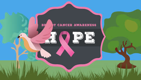 Animation-of-pink-ribbon-logo-and-breast-cancer-text-over-trees-and-bird