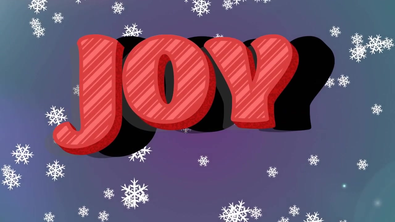Animation af teksten "glæde" over snefnug og lyspletter på en sort baggrund.