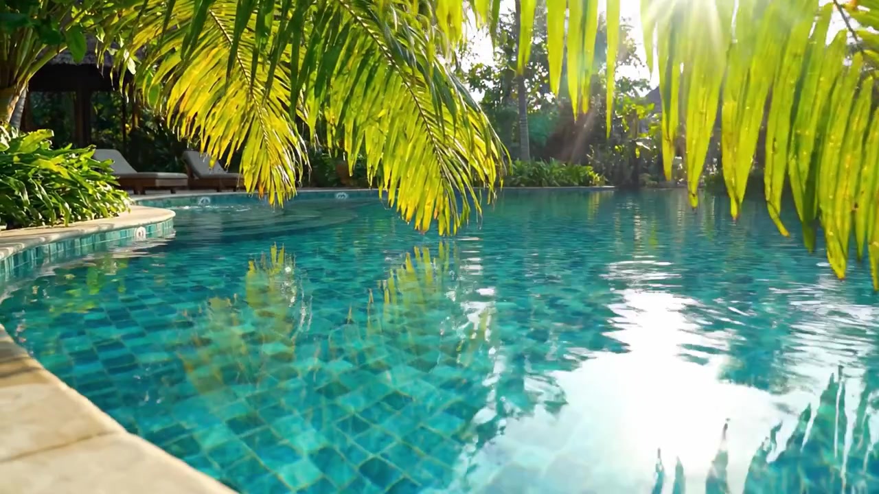 Fredfyldt Oase: En Rolig Poolscene Omgivet af Frodigt Grønt og Solbeskinnede Palmeblade, Perfekt til Afslapning og Flugt i et Tropisk Paradis