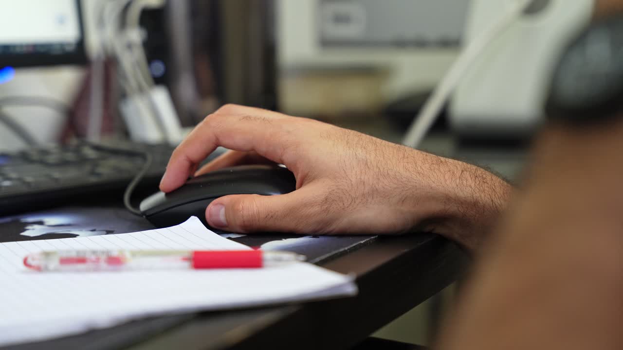 La mano di un uomo che usa un mouse nero per computer su una scrivania d'ufficio affollata con una tastiera, una penna e della carta. Spazio di lavoro professionale con profondità di campo ridotta e illuminazione interna luminosa