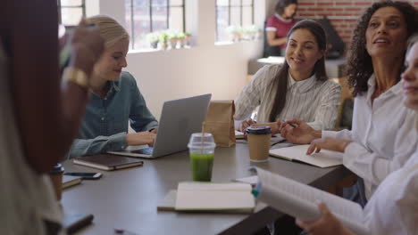 multi ethnic business women meeting brainstorming team leader sharing creative ideas for startup project using tablet technology discussing in office presentation