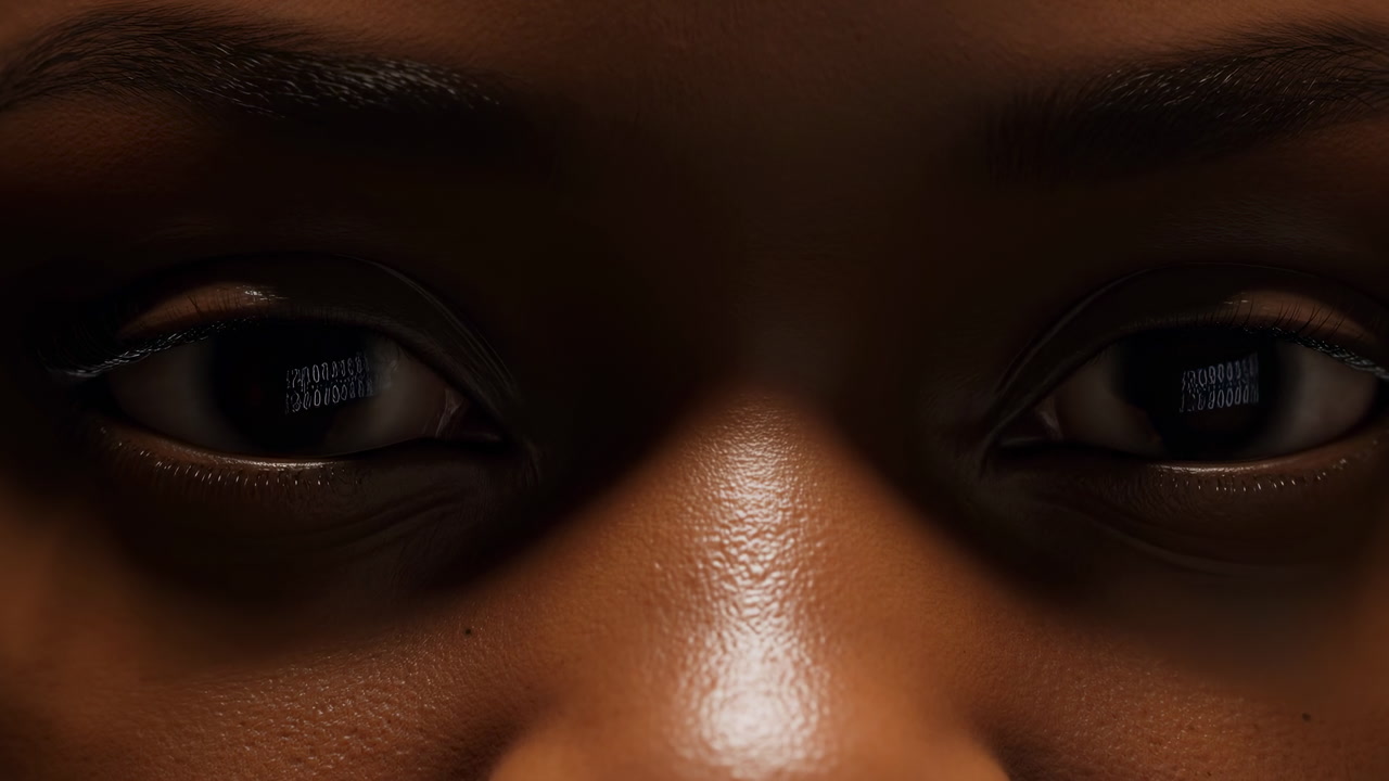 Closeup Eyes In Low Light, Cinematic Portrait Showing Glossy Skin Highlights, Reflected Screen Text In Pupils,