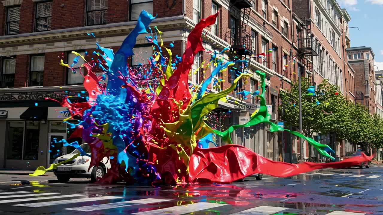 A vibrant explosion of colors cascades through the urban street, transforming the scene into a breathtaking visual spectacle