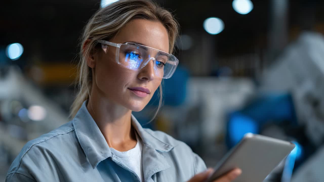 Woman using tablet and wearing safety glasses in a factory