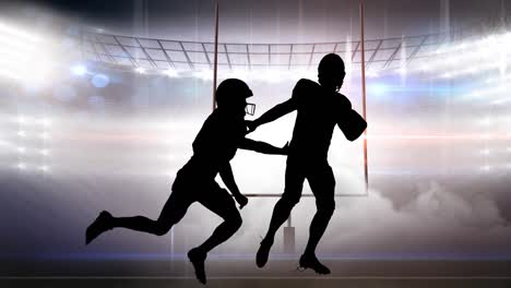 animation of silhouette of american football players on sports stadium background