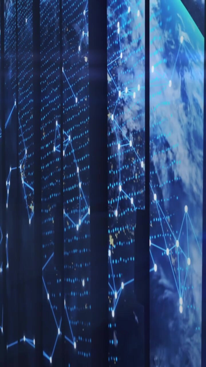 Animation of moving shapes and data processing on black background