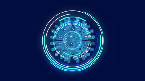 neon blue round scanner over globe of digital icons spinning against blue background